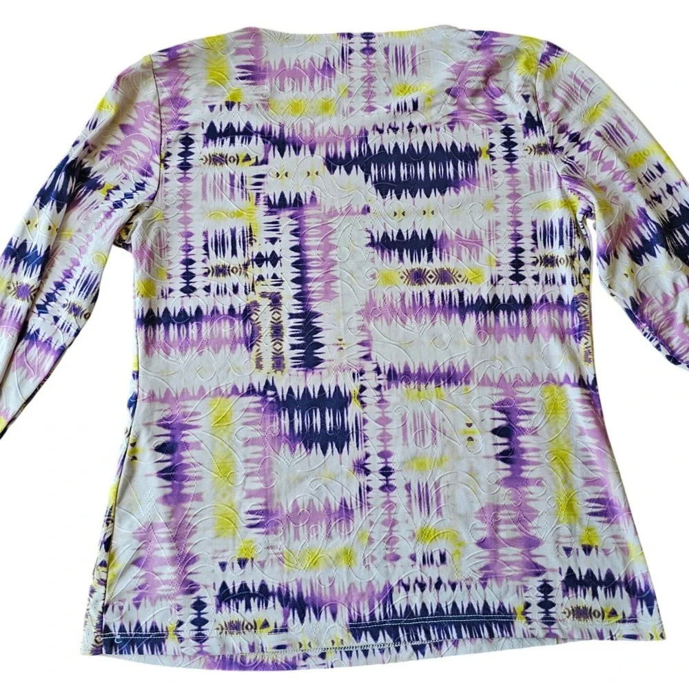 JM Collection Womens Petite Small Purple Yellow Abstract Ikat 3/4 Sleeve Top EUC